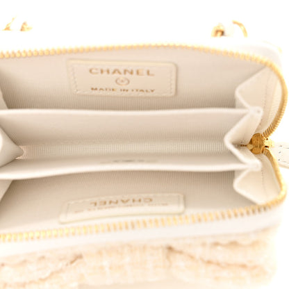 Tweed Quilted Bow Flap Card Holder On Chain White