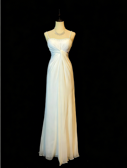 Elegant Prom Dress White Spaghetti Straps Pleated Formal Gown Evening Dress Gala Dress     D5070