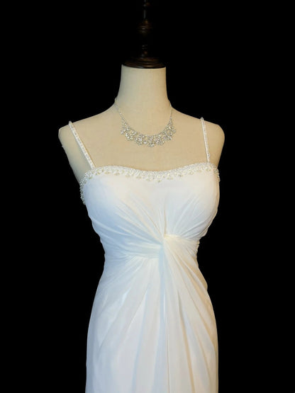 Elegant Prom Dress White Spaghetti Straps Pleated Formal Gown Evening Dress Gala Dress     D5070