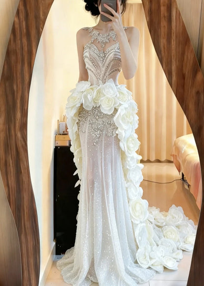 Gorgeous Prom Dress White Sweetheart Flower Pleated Formal Gown Evening Dress Gala Dress     D5071