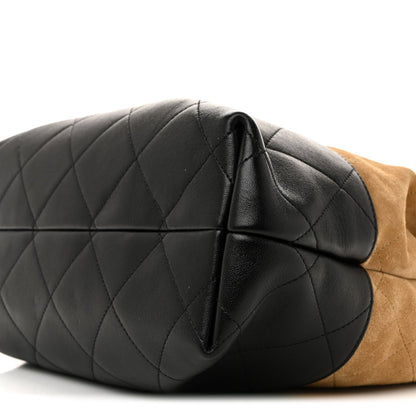 Suede Calfskin Shiny Lambskin Quilted Shopping Bag Beige Black