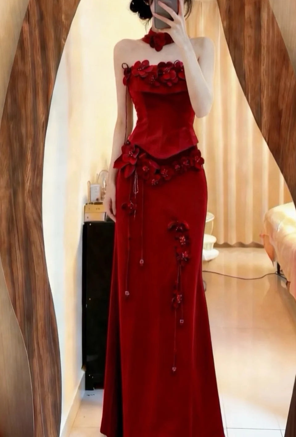 Elegant Prom Dress Strapless Flower Formal Gala Gown Evening Dress Graduation Outfits     D5092