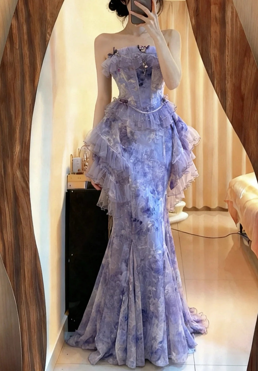 Stunning Prom Dress Strapless Tulle Print Mermaid Formal Gala Gown Evening Dress Graduation Outfits     D5093