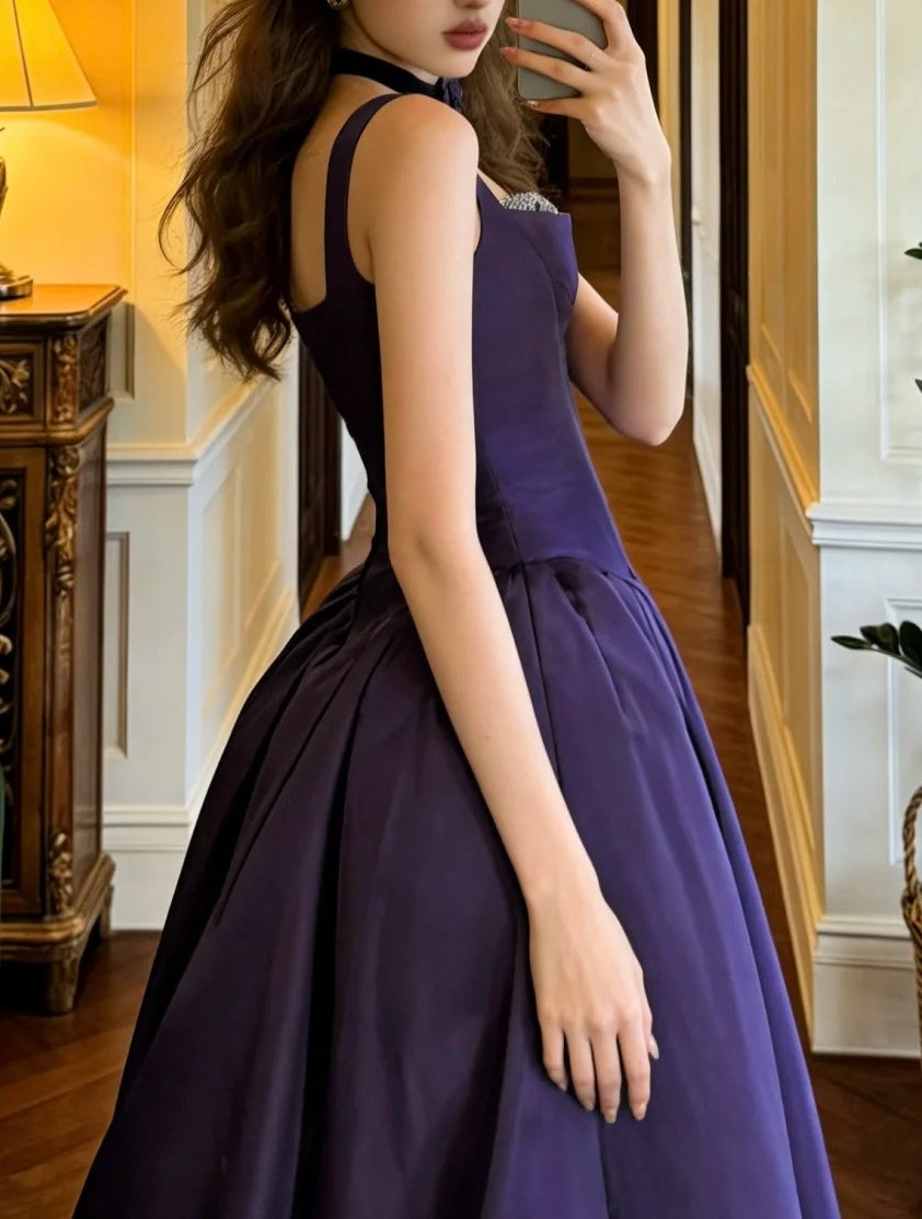Elegant Prom Dress Dark Purple Straps Pleated Formal Gala Gown Evening Dress Graduation Outfits     D5094