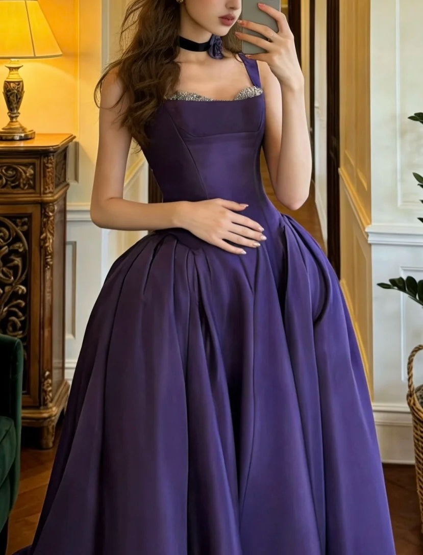 Elegant Prom Dress Dark Purple Straps Pleated Formal Gala Gown Evening Dress Graduation Outfits     D5094