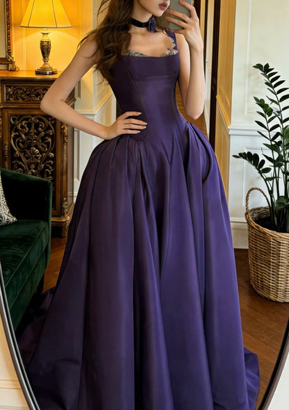 Elegant Prom Dress Dark Purple Straps Pleated Formal Gala Gown Evening Dress Graduation Outfits     D5094