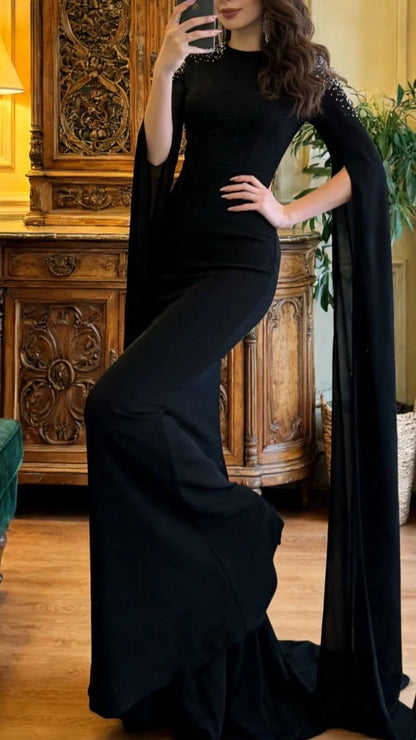 Elegant Prom Dress Black Crew Neck Mermaid Gala Gown Evening Dress Formal Outfits     D5096