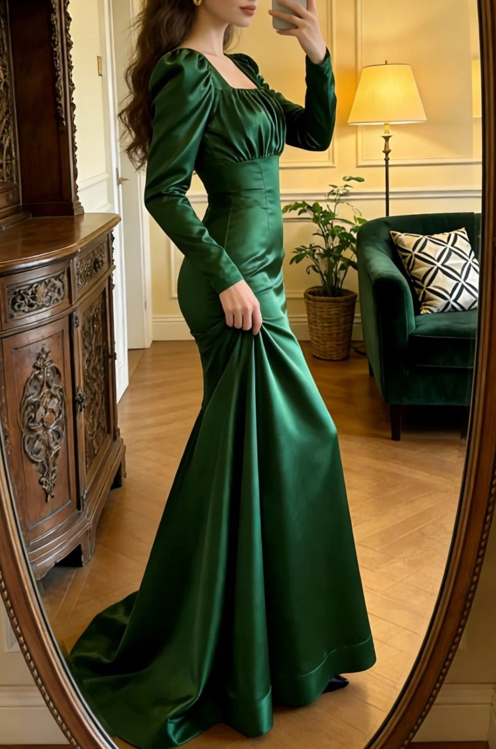 Elegant Prom Dress Dark Green Satin Square Neck Pleated Mermaid Gala Gown Evening Dress Graduation Outfits     D5098