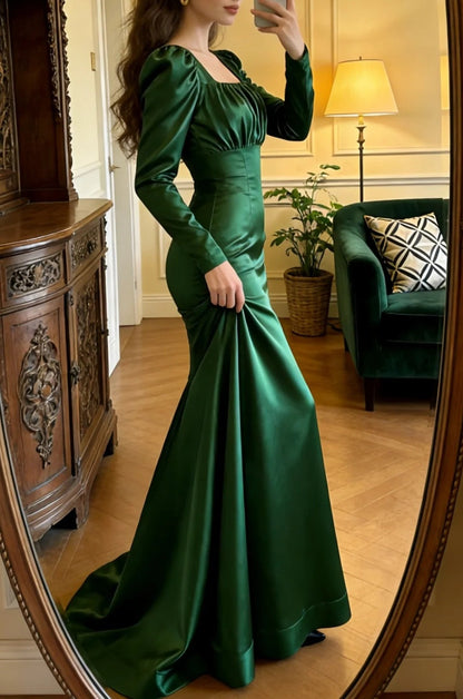 Elegant Prom Dress Dark Green Satin Square Neck Pleated Mermaid Gala Gown Evening Dress Graduation Outfits     D5098