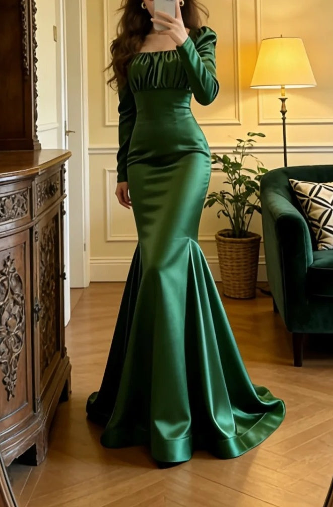 Elegant Prom Dress Dark Green Satin Square Neck Pleated Mermaid Gala Gown Evening Dress Graduation Outfits     D5098