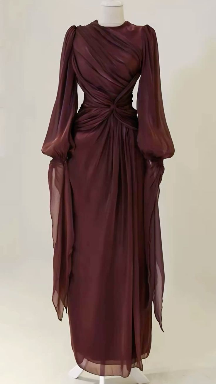 Modest Burgundy Long Sleeves Sheath Chiffon Long Party Dress Evening Dress, D979