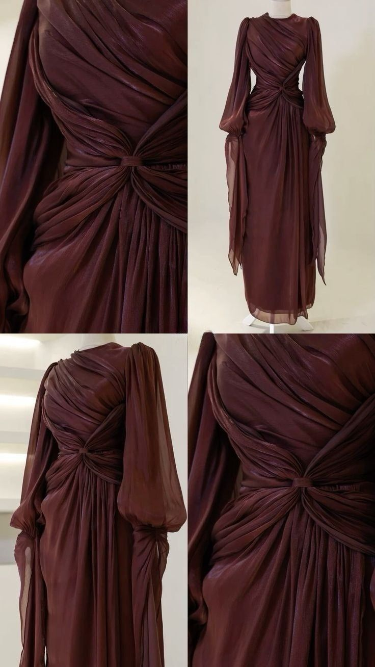 Modest Burgundy Long Sleeves Sheath Chiffon Long Party Dress Evening Dress, D979