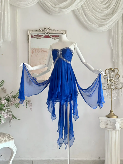 Vintage Blue A Line Sweetheart Neck Rhinestone Ruffle Chiffon Homecoming Dress Outfits SH4554