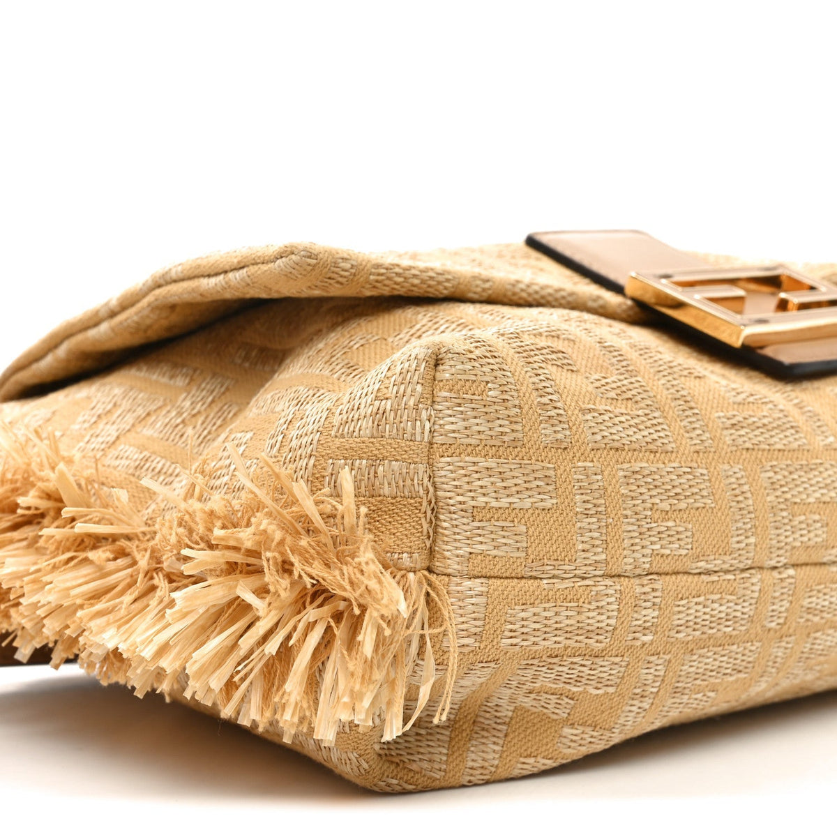 Fabric Jacquard Raffia Straw Fringe Medium Mamma Baguette Beige