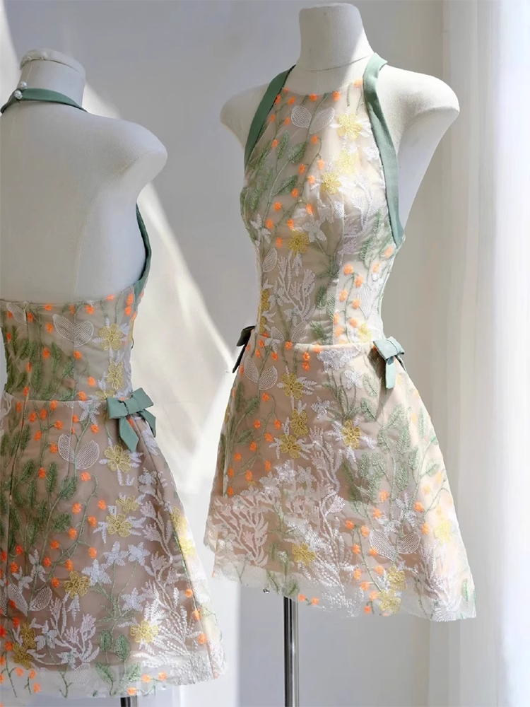 Vintage Fashion Floral Halter Dress Design A-line Party Dresses Homecoming Dresses, D1386