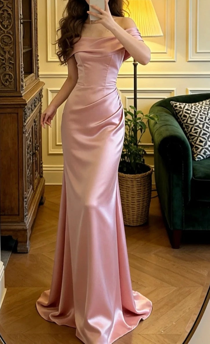Beauty Prom Dress Pink Satin Off Shoulder Mermaid Formal Gala Gown Evening Dress Graduation Outfits     D5102