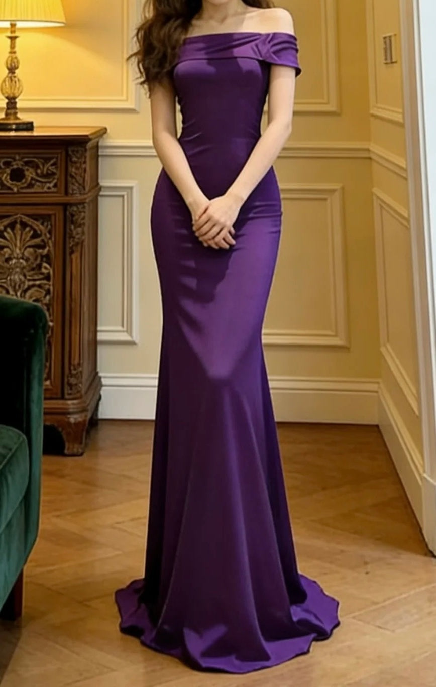 Elegant Prom Dress Purple Satin Off Shoulder Mermaid Formal Gala Gown Evening Dress Graduation Outfits     D5103