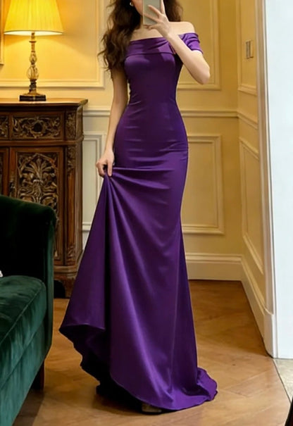 Elegant Prom Dress Purple Satin Off Shoulder Mermaid Formal Gala Gown Evening Dress Graduation Outfits     D5103