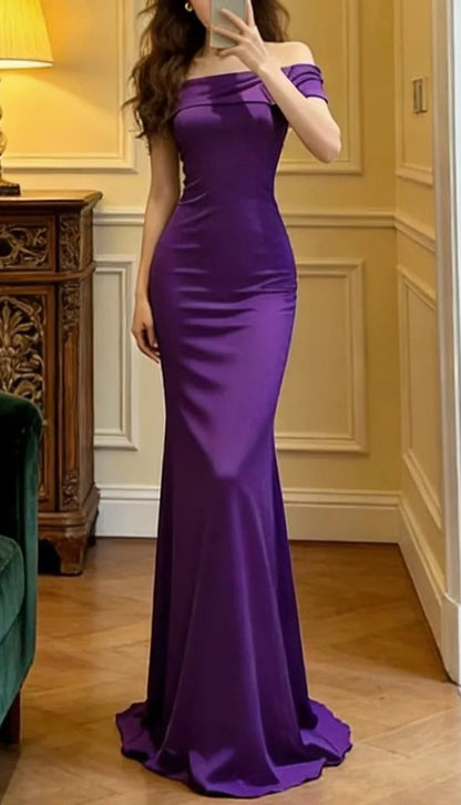 Elegant Prom Dress Purple Satin Off Shoulder Mermaid Formal Gala Gown Evening Dress Graduation Outfits     D5103