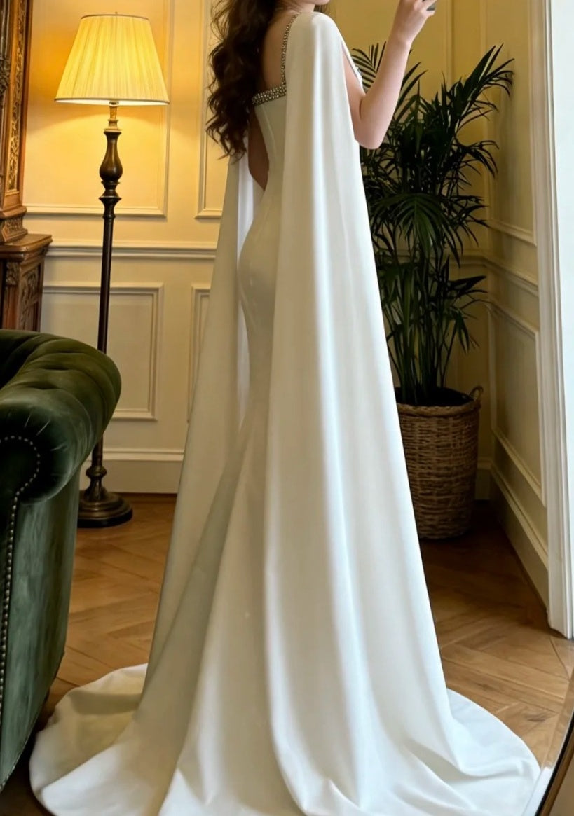 Elegant Prom Dress White Square Neck Mermaid Formal Gala Gown Evening Dress Graduation Outfits     D5104