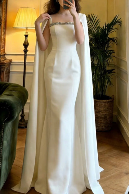 Elegant Prom Dress White Square Neck Mermaid Formal Gala Gown Evening Dress Graduation Outfits     D5104