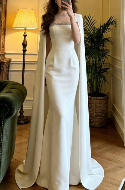 Elegant Prom Dress White Square Neck Mermaid Formal Gala Gown Evening Dress Graduation Outfits     D5104