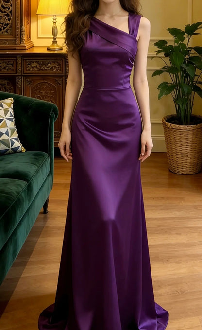 Elegant Prom Dress Purple Asymmetrical Neck Satin Formal Gala Gown Evening Dress Graduation Outfits     D5105