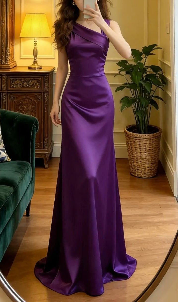 Elegant Prom Dress Purple Asymmetrical Neck Satin Formal Gala Gown Evening Dress Graduation Outfits     D5105