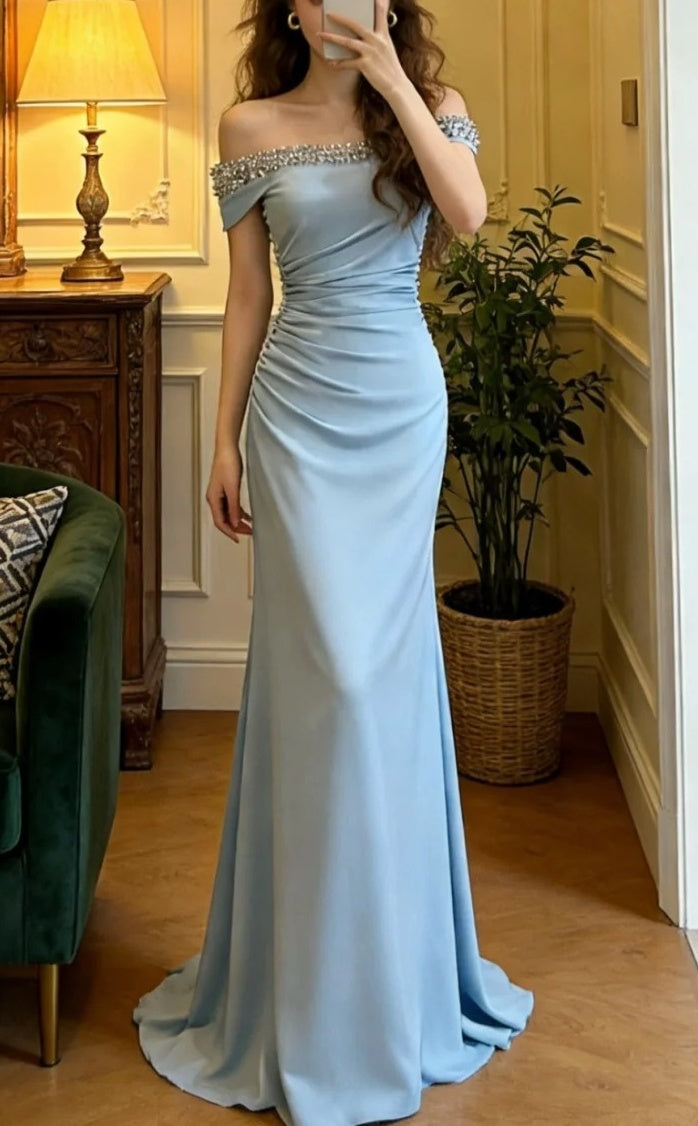 Elegant Prom Dress Light Blue Off Shoulder Pleated Gala Gown Formal Evening Dress Graduation Outfits     D5106