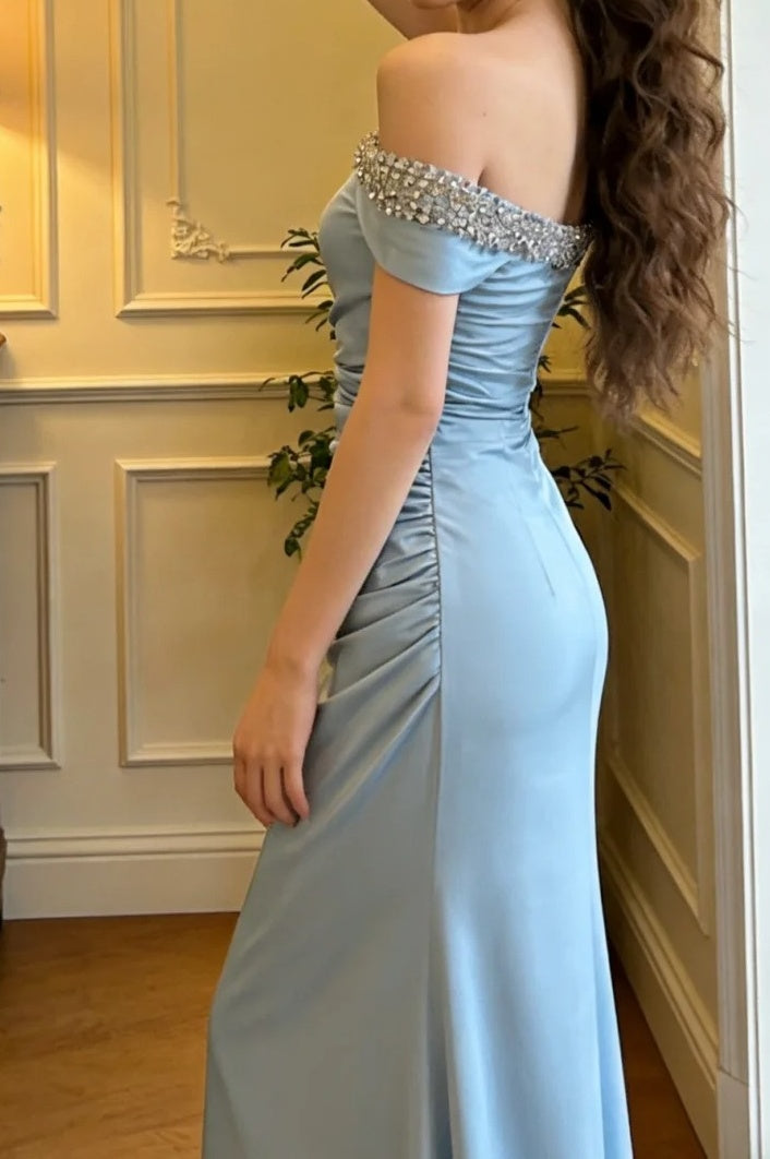 Elegant Prom Dress Light Blue Off Shoulder Pleated Gala Gown Formal Evening Dress Graduation Outfits     D5106
