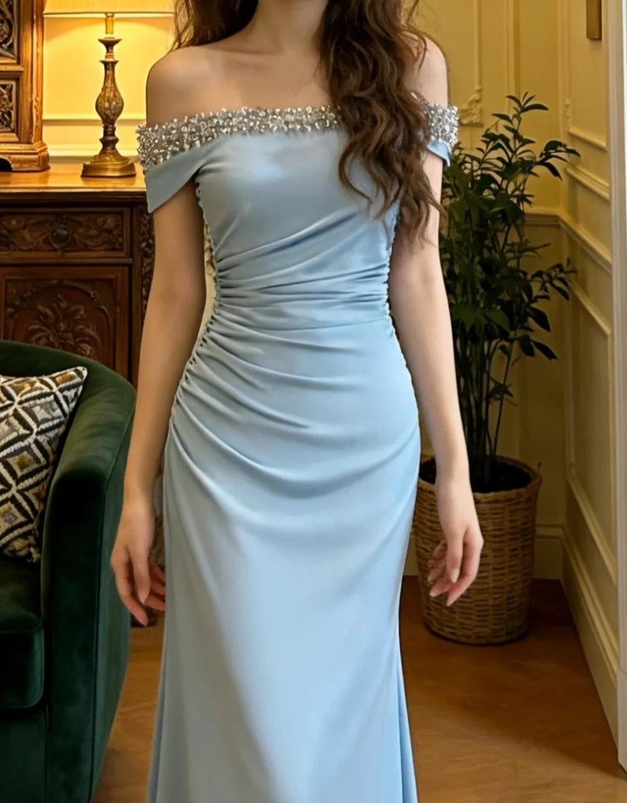 Elegant Prom Dress Light Blue Off Shoulder Pleated Gala Gown Formal Evening Dress Graduation Outfits     D5106