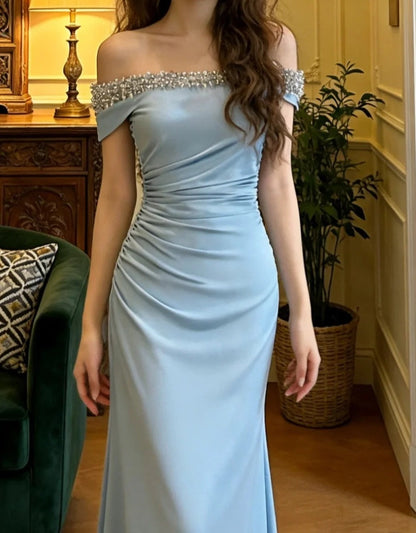 Elegant Prom Dress Light Blue Off Shoulder Pleated Gala Gown Formal Evening Dress Graduation Outfits     D5106
