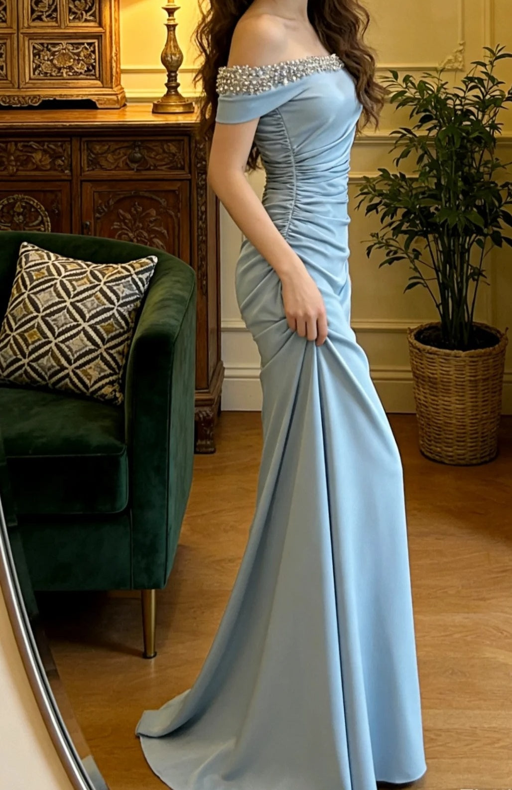 Elegant Prom Dress Light Blue Off Shoulder Pleated Gala Gown Formal Evening Dress Graduation Outfits     D5106