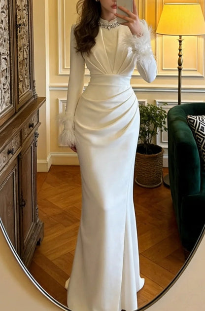 Stunning Prom Dress White Crew Neck Pleated Mermaid Gala Gown Formal Evening Dress Graduation Outfits     D5110