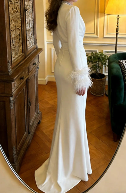 Stunning Prom Dress White Crew Neck Pleated Mermaid Gala Gown Formal Evening Dress Graduation Outfits     D5110