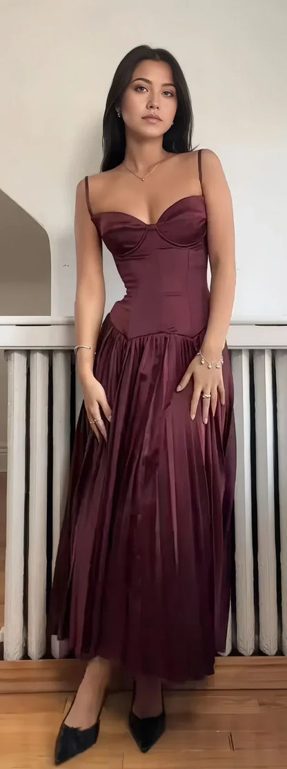 Stunning A Line Spaghetti Strap Pleated Dark Burgundy Satin Long Party Dress SH2921