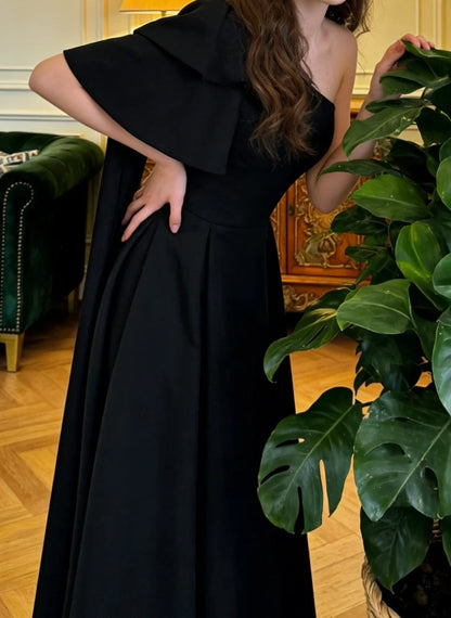 Elegant Prom Dress Black A Line One Shoulder Gala Gown Formal Evening Dress Graduation Outfits     D5113
