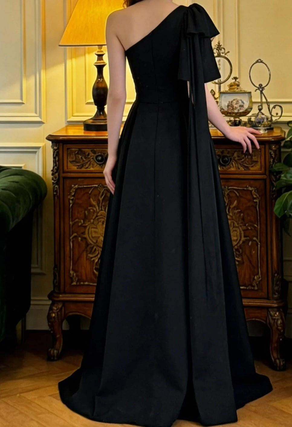 Elegant Prom Dress Black A Line One Shoulder Gala Gown Formal Evening Dress Graduation Outfits     D5113