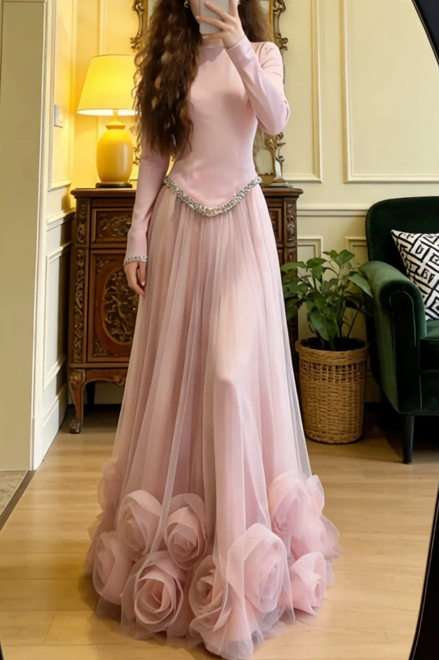 Beauty Prom Dress Light Pink Crew Neck Tulle Pleated Gala Gown Formal Evening Dress Party Outfits     D5119