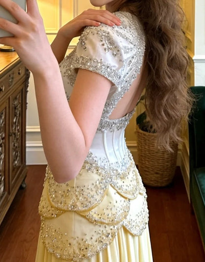 Gorgeous Prom Dress A Line Square Neck Beading Pleated Gala Gown Evening Dress Birthday Party Outfits     D5123