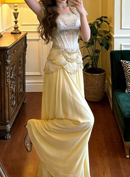 Gorgeous Prom Dress A Line Square Neck Beading Pleated Gala Gown Evening Dress Birthday Party Outfits     D5123