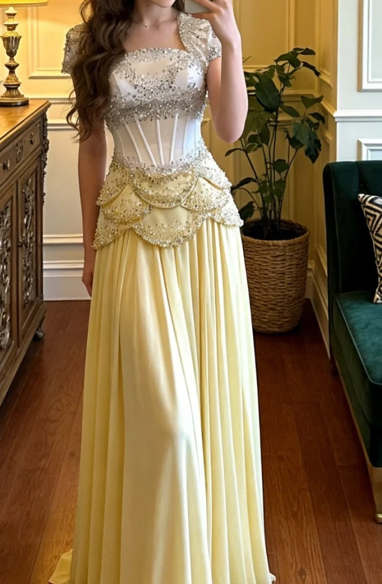 Gorgeous Prom Dress A Line Square Neck Beading Pleated Gala Gown Evening Dress Birthday Party Outfits     D5123