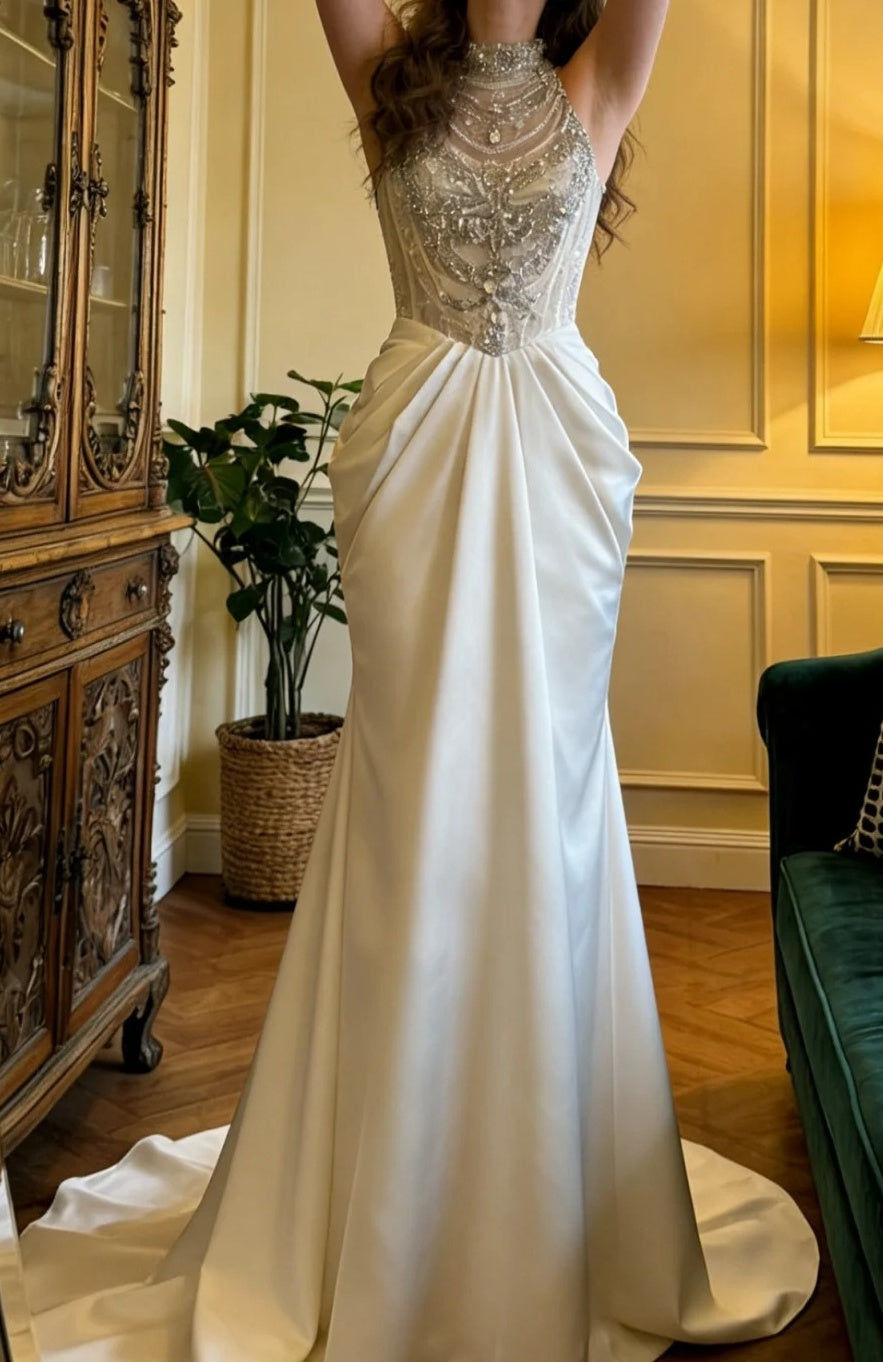 Gorgeous Prom Dress Crew Neck Beading Pleated Birthday Party Outfits Gala Gown Evening Dress      D5124