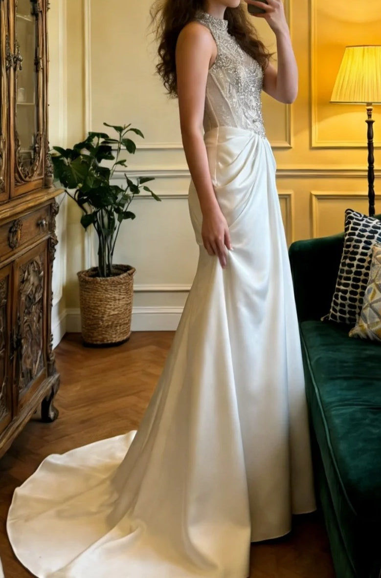 Gorgeous Prom Dress Crew Neck Beading Pleated Birthday Party Outfits Gala Gown Evening Dress      D5124