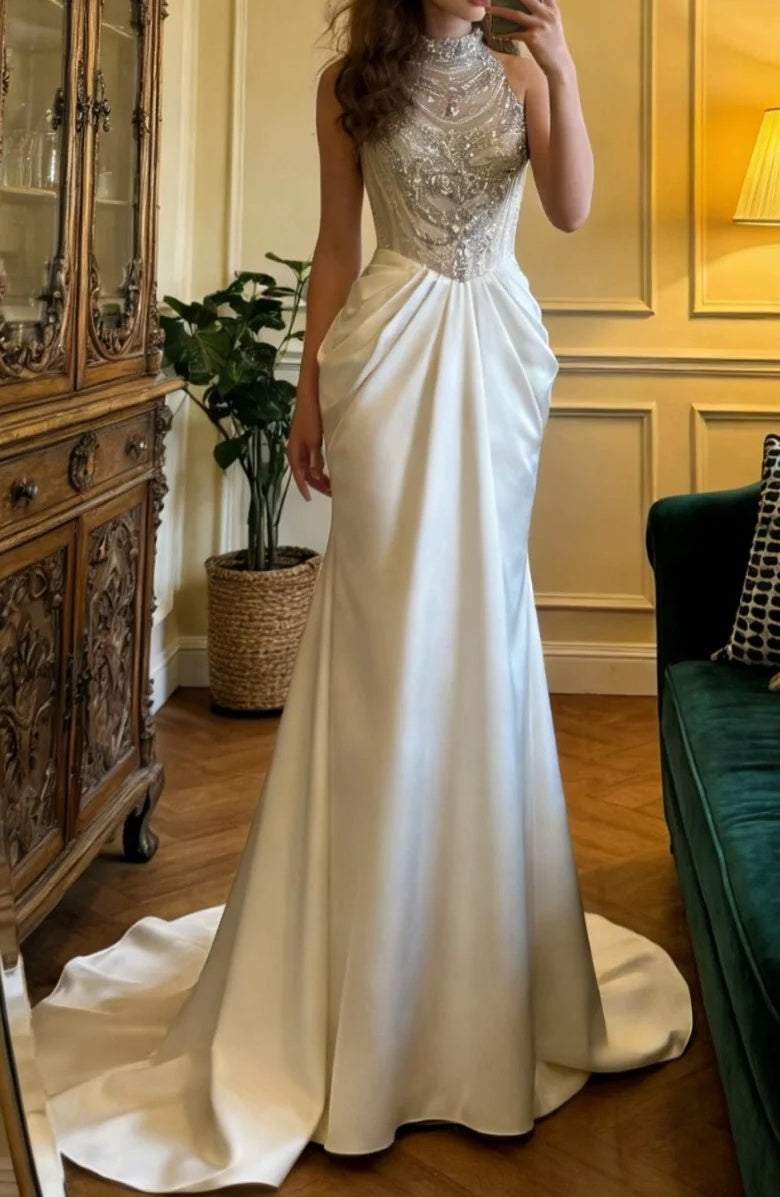 Gorgeous Prom Dress Crew Neck Beading Pleated Birthday Party Outfits Gala Gown Evening Dress      D5124