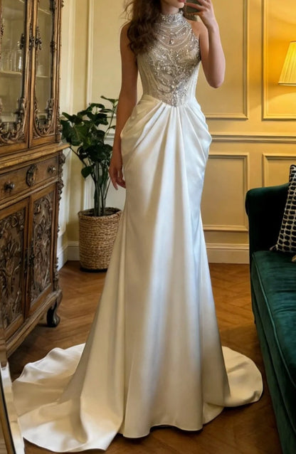 Gorgeous Prom Dress Crew Neck Beading Pleated Birthday Party Outfits Gala Gown Evening Dress      D5124