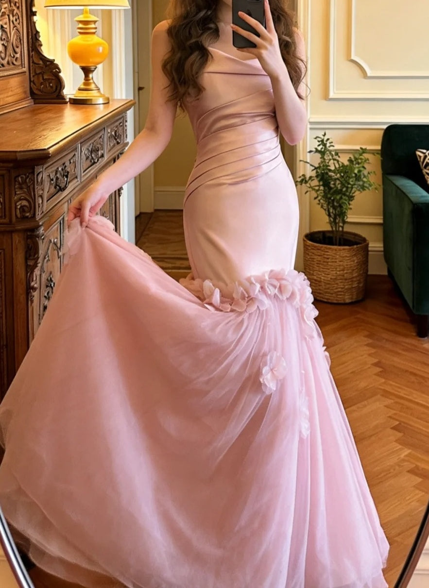 Elegant Prom Dress Strapless Pleated Tulle Mermaid Formal Gala Gown Evening Dress Party Outfits     D5126