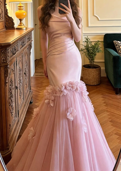 Elegant Prom Dress Strapless Pleated Tulle Mermaid Formal Gala Gown Evening Dress Party Outfits     D5126