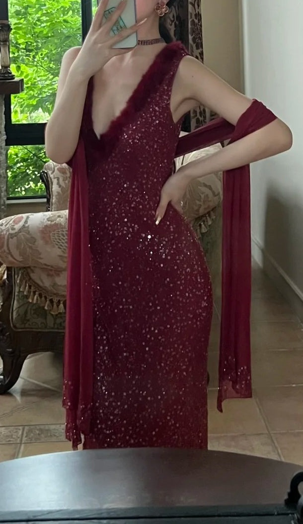 90s Shiny Prom Dress Wine Red V-neck Gala Gown Evening Dress Birthday Party Outfits     D5139