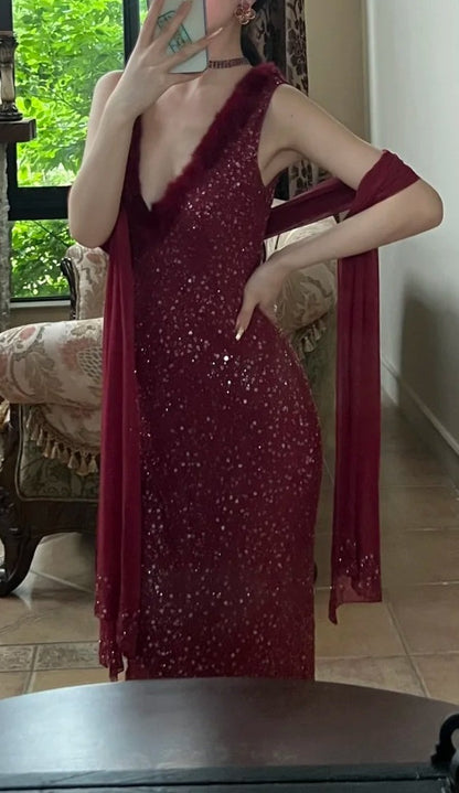 90s Shiny Prom Dress Wine Red V-neck Gala Gown Evening Dress Birthday Party Outfits     D5139